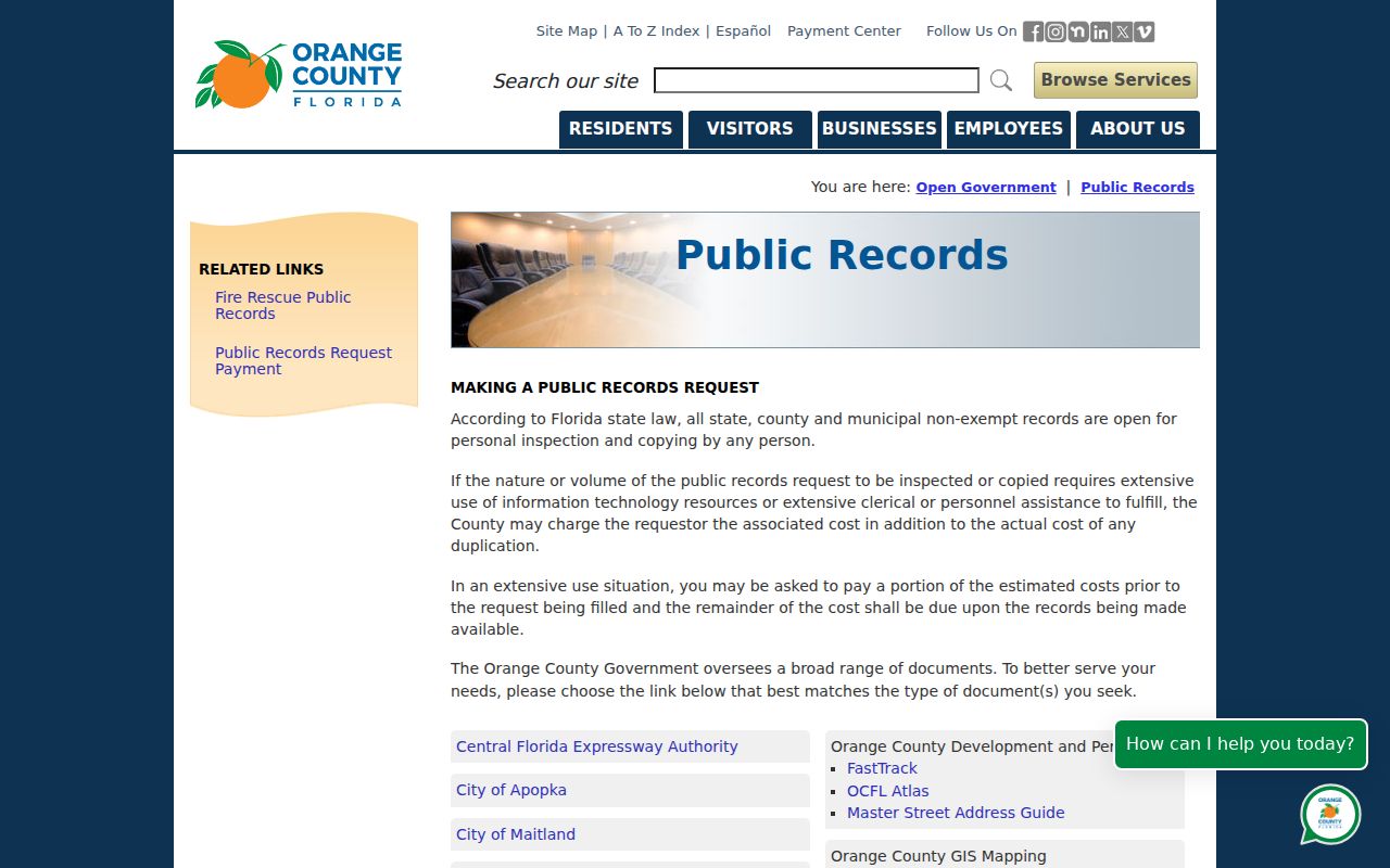 Orange County criminal history public records request page