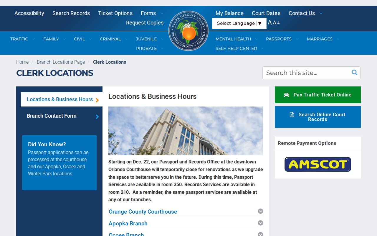 Orange County Clerk Apopka branch information