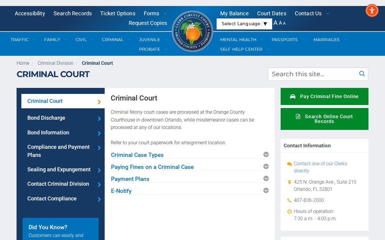 Orange County criminal court cases Criminal Division counter information