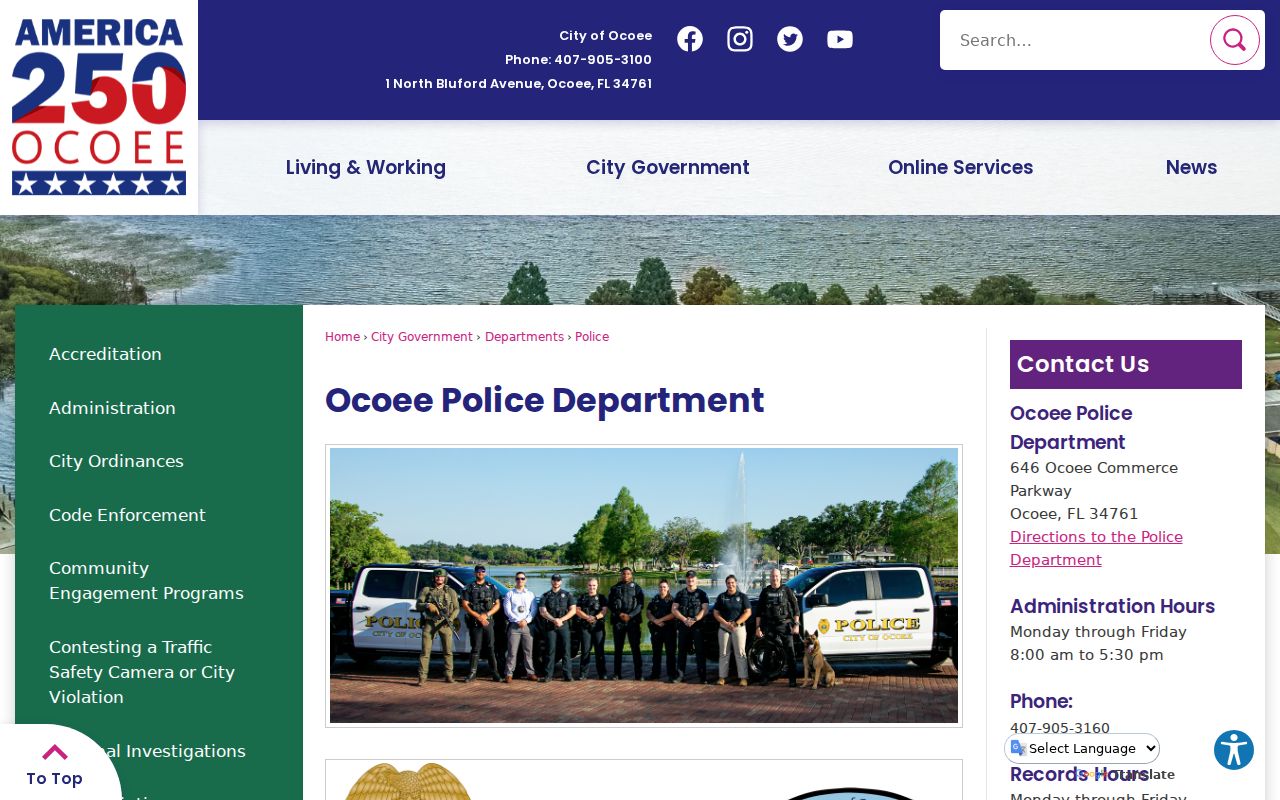Ocoee Police Department official building and contact page