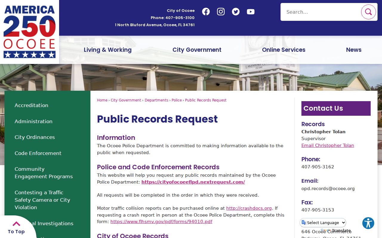 Ocoee Police Records Division channels and hours